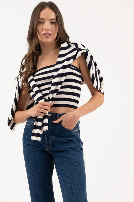 Stripe Strapless Sweater Knit Tube Top in Navy