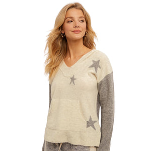 Star Print Color Block Hooded Sweater