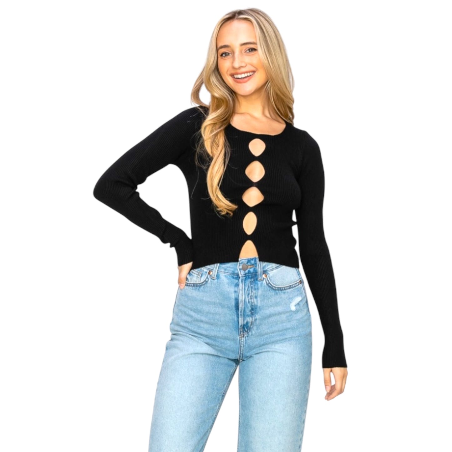 Ribbed Long Sleeve Cutout Top