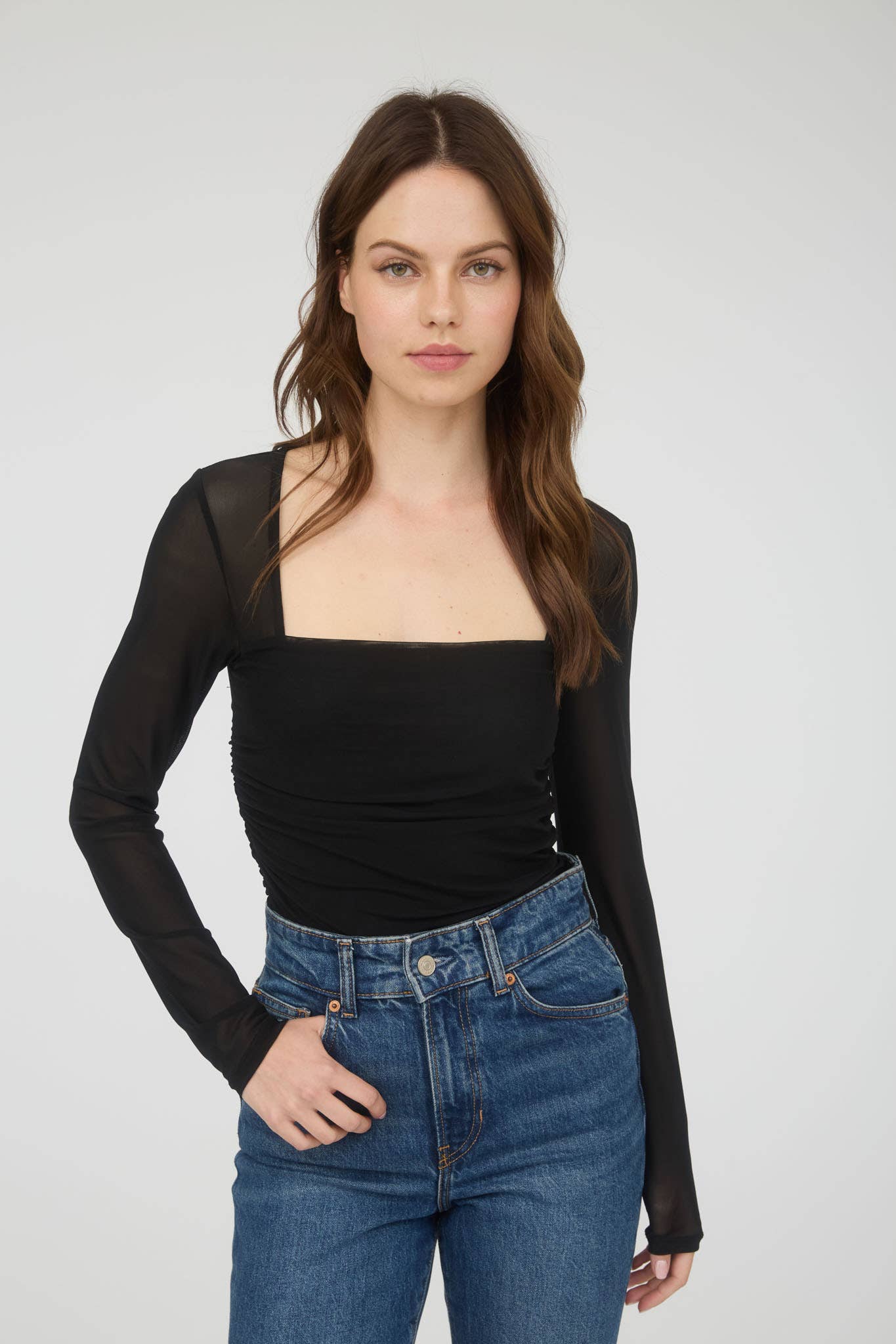 Square Neck Long Sleeve Ruched Waist Top