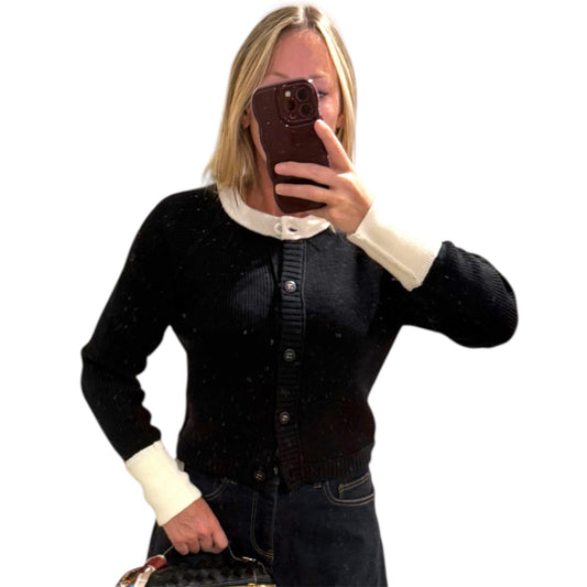 Black and Winter White Crew Neck Cardigan