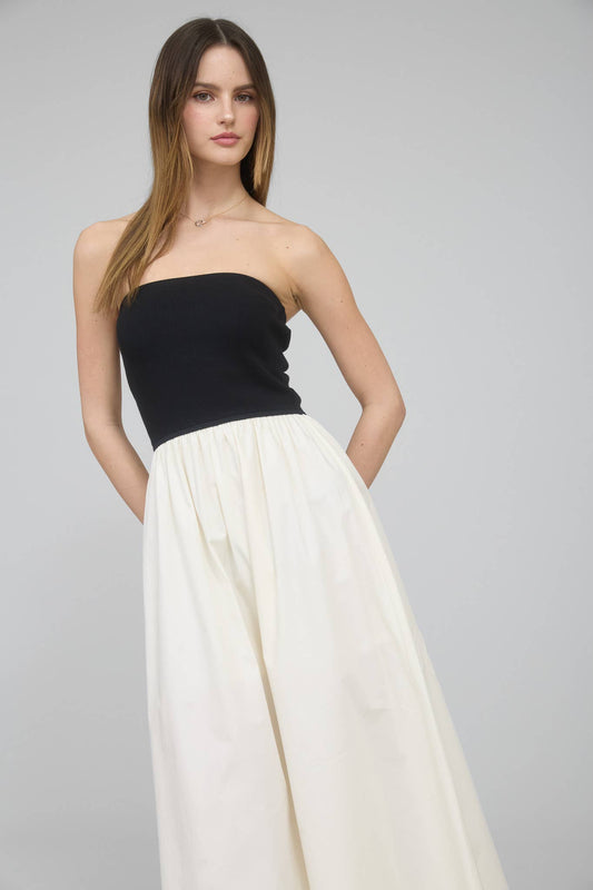 MIX MEDIA KNIT STRAPLESS TOP WOVEN MAXI DRESS: BLACK/CREAM