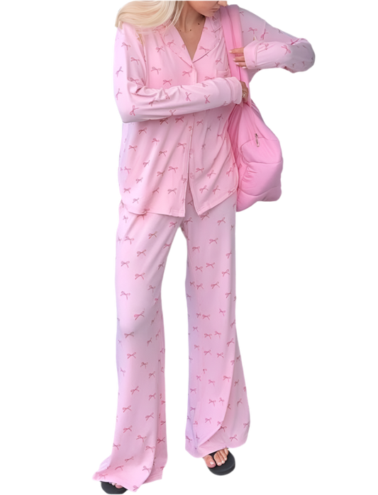 Pink Bow Print Pajama Set