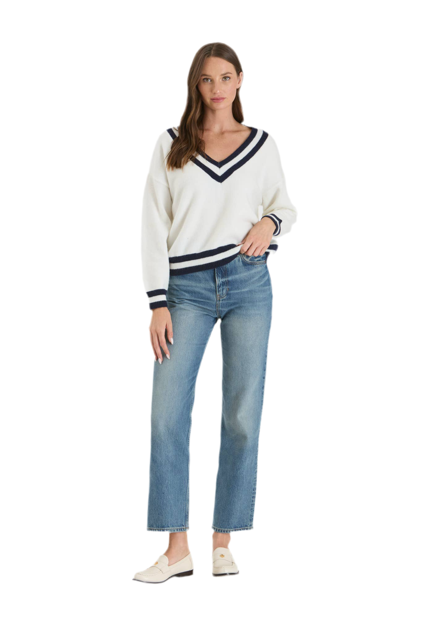 CONTRAST LINE V NECK SWEATER: IVORY