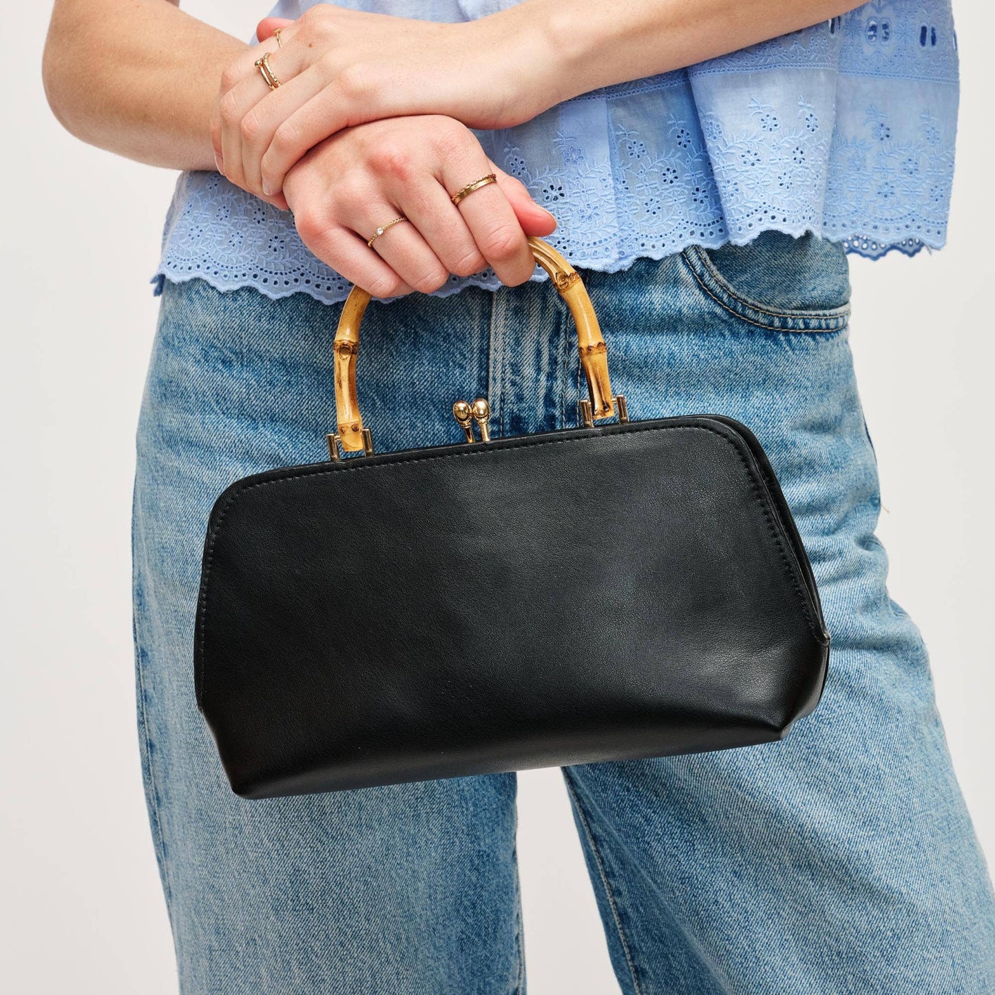 Black Smooth Vegan Leather Handbag with Bamboo Handle