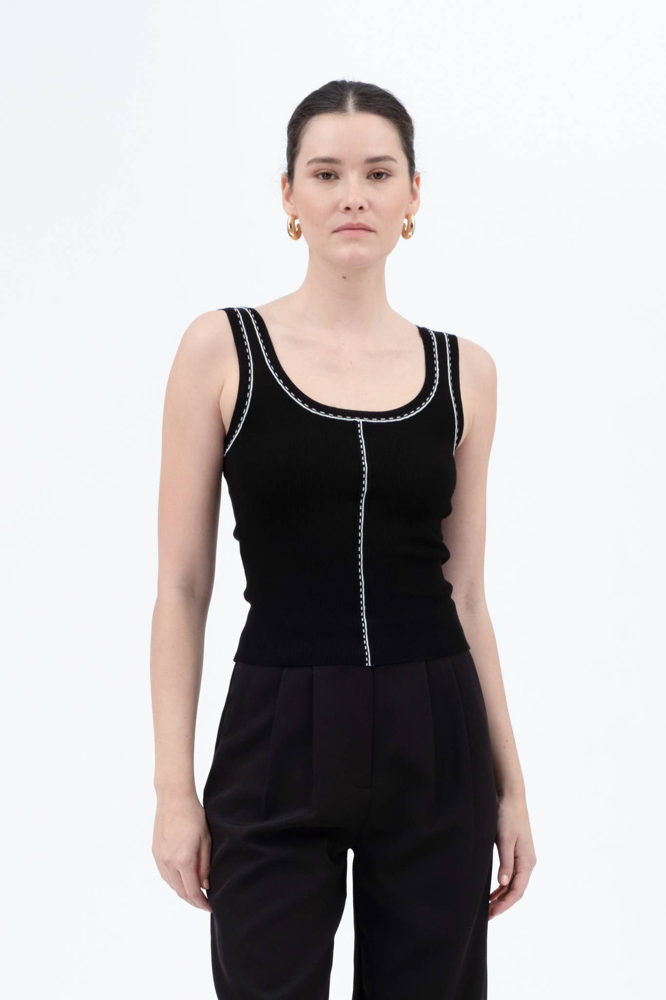 Black Contrast Line Stitch Detail Knit Sleeveless Tank