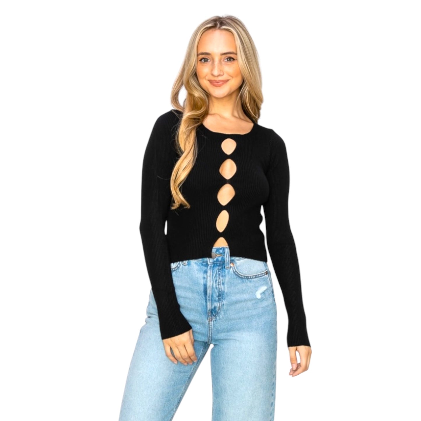 Ribbed Long Sleeve Cutout Top