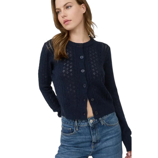 Pointelle Cable Knit Cardigan in Navy