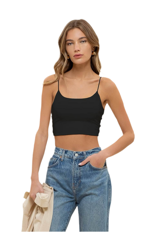 SEAMLESS CROPPED CAMI TOP: BLACK