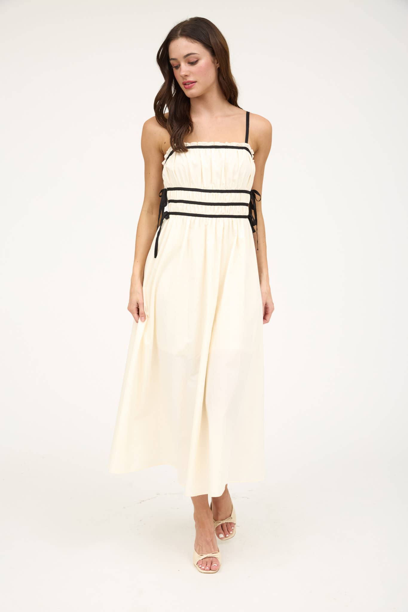 Cream and Black Ruched Contrast Detail Midi Dress