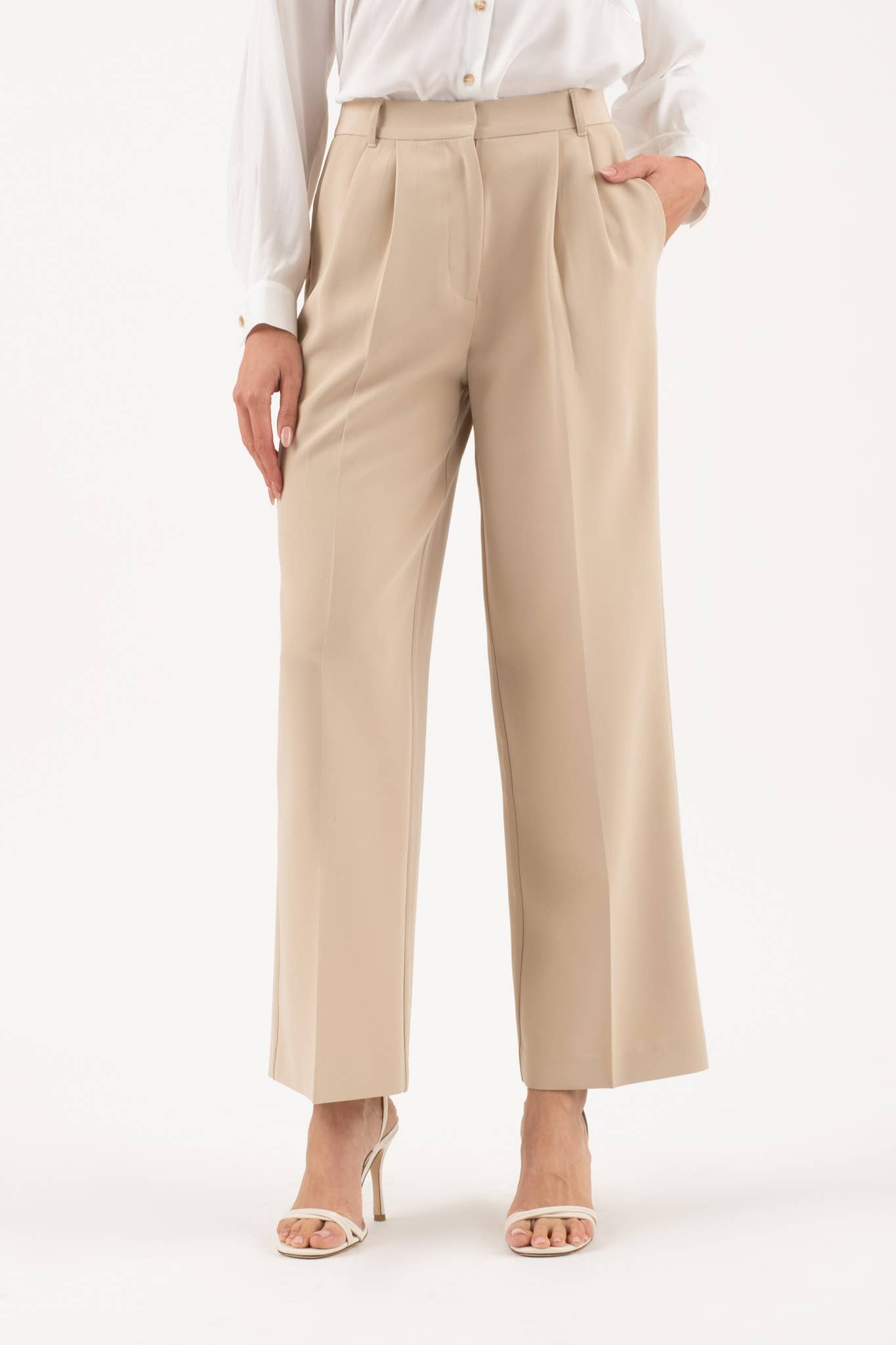 Khaki High Waist front Pleat Wide Leg Trousers