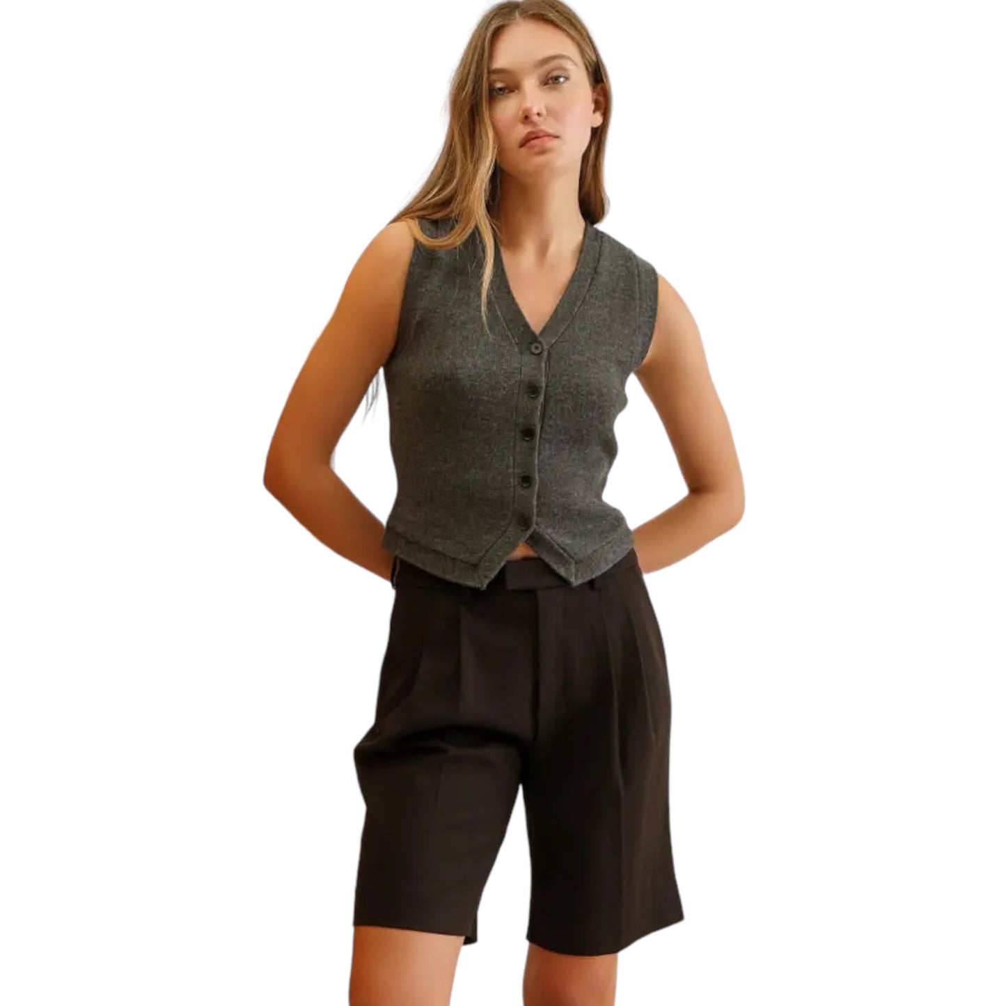 V Neck Button Down Sweater Knit Vest in Charcoal