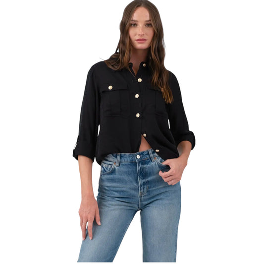 3/4 Black Collared Top with Gold Buttons