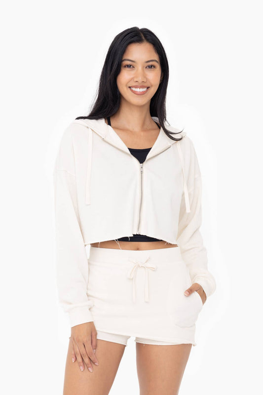 Natural Crop Hoodie Zip-Up French Terry Sweatshirt