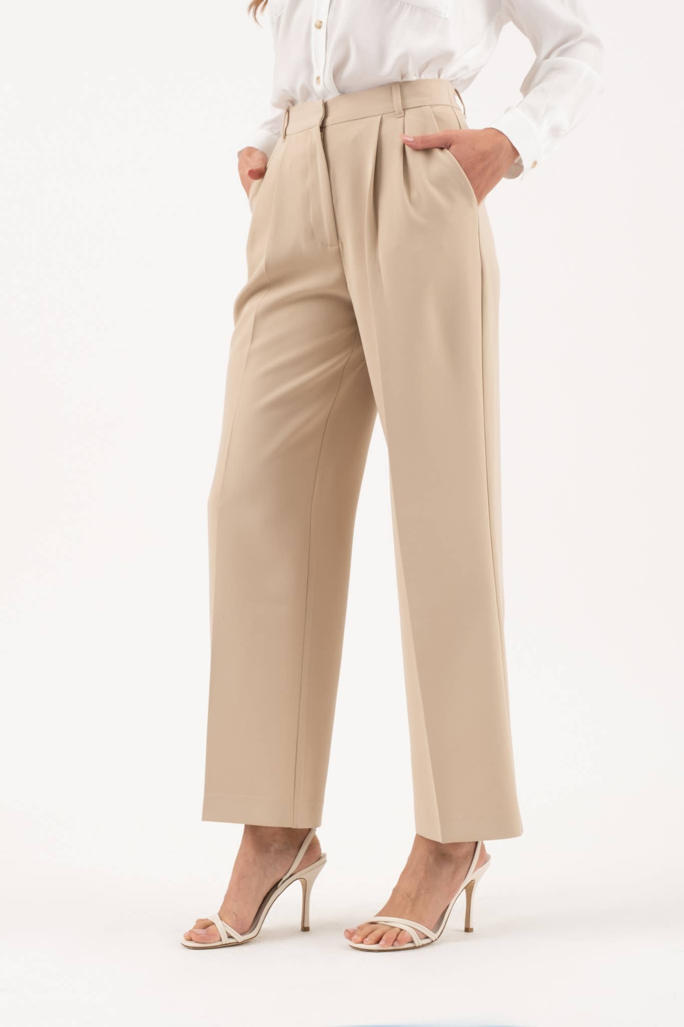 Khaki High Waist front Pleat Wide Leg Trousers