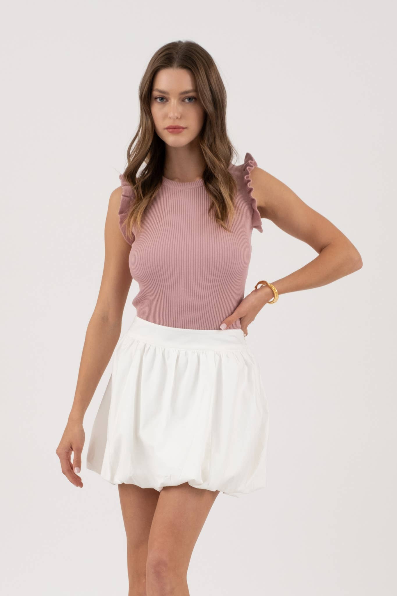 Dusty Pink Ruffle Sleeveless Knit Top