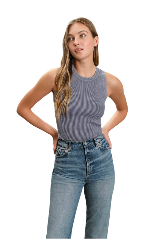 WASHED ROUND NECK SWEATER KNIT TANK TOP: DENIM