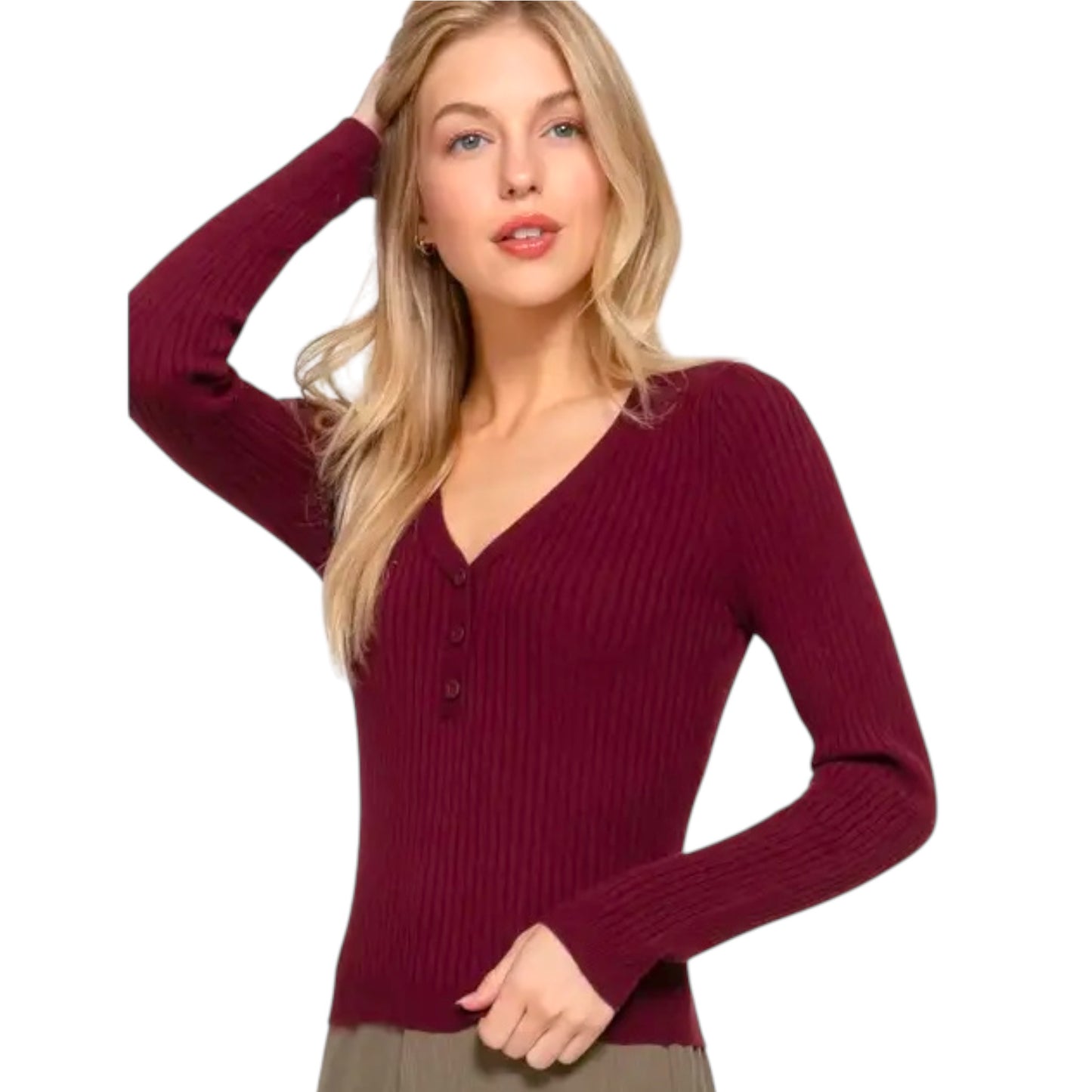 Burgundy Long Sleeve Button Down Henley V-Neck Sweater Top