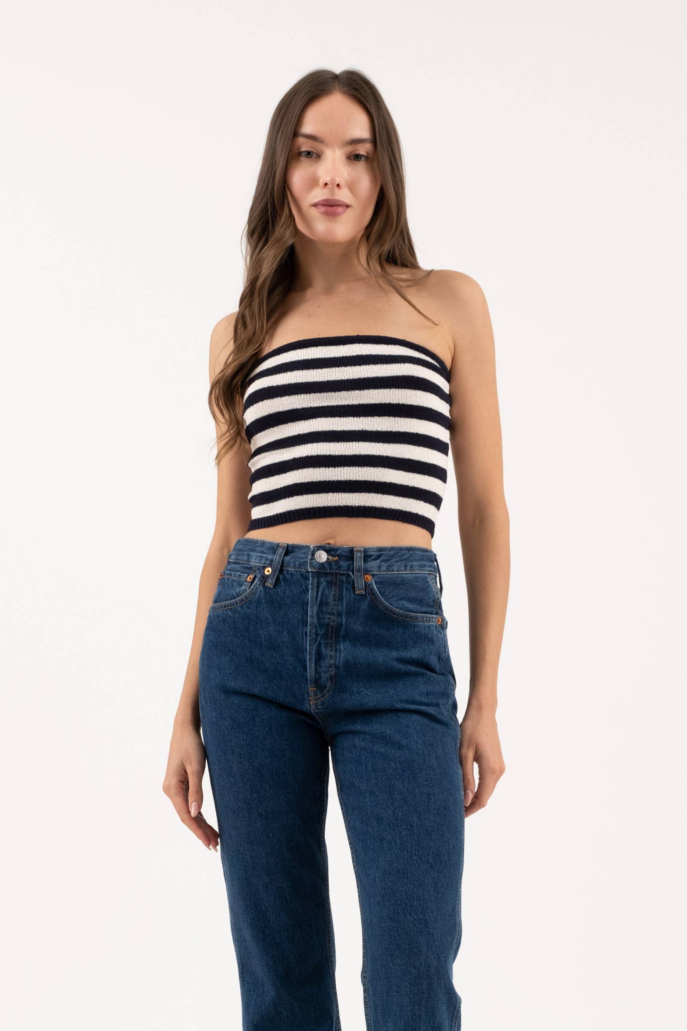 Stripe Strapless Sweater Knit Tube Top in Navy