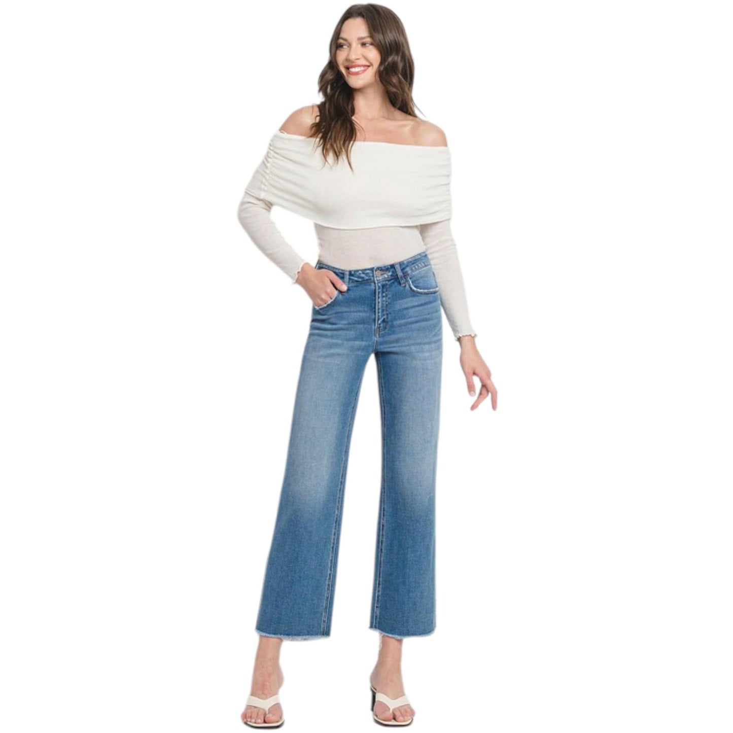 Mid Rise Dad Jean Wide Leg Cropped