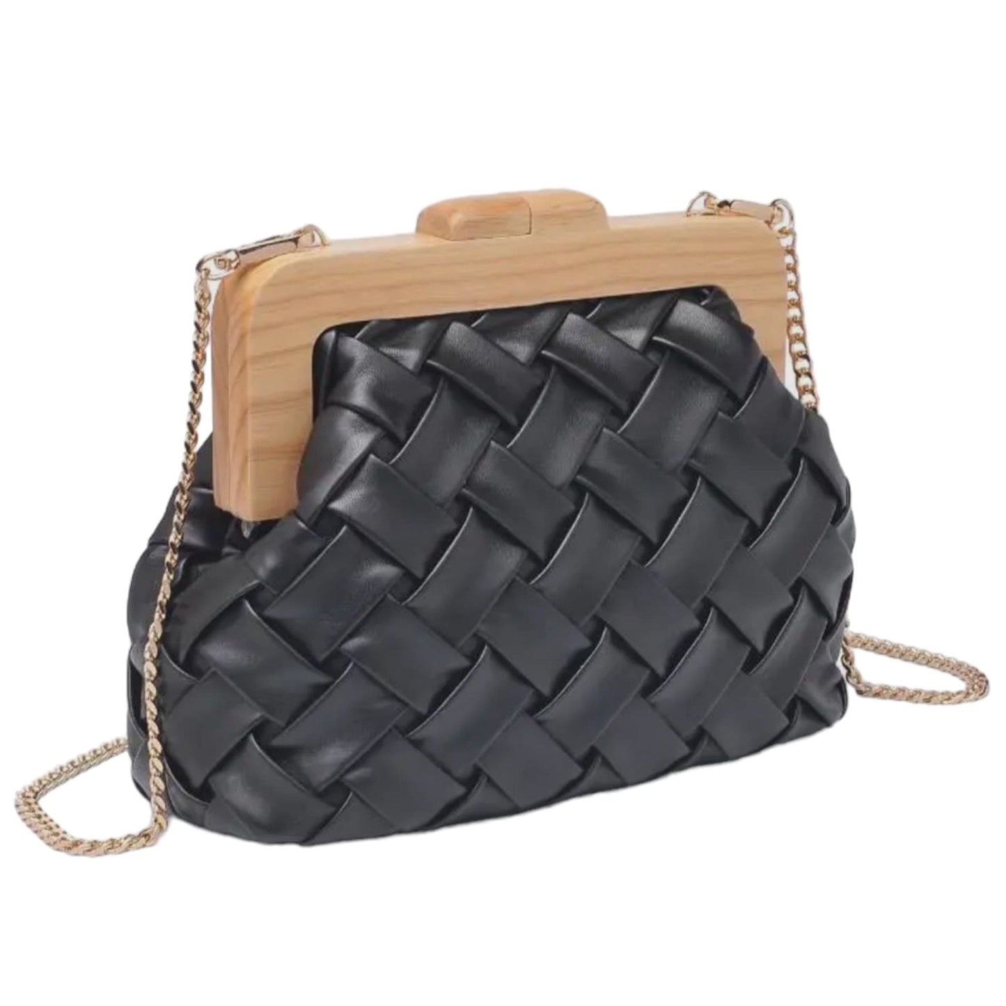 Chunky Black Woven Clutch with Wood Details