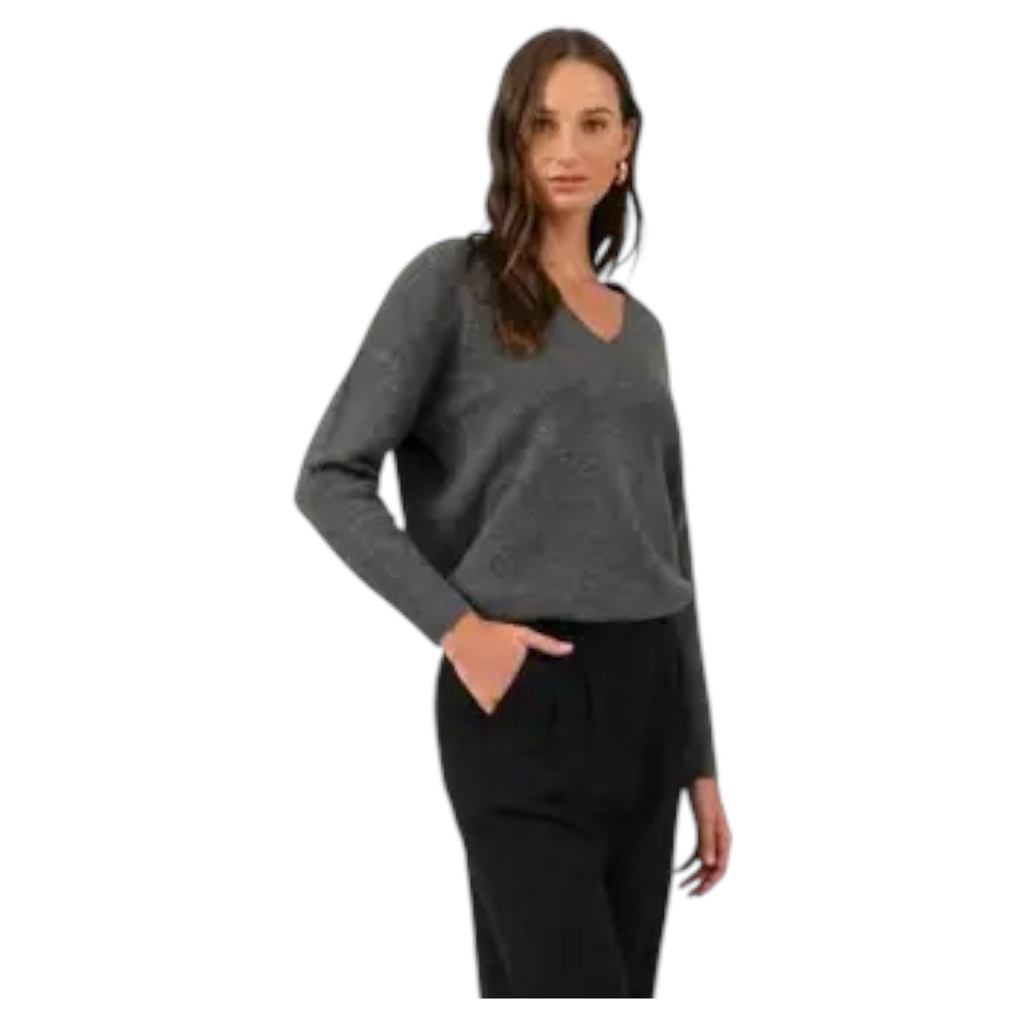 Solid V Neck Drop Shoulder Knit Sweater in Grey and Brown