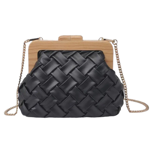 Chunky Black Woven Clutch with Wood Details
