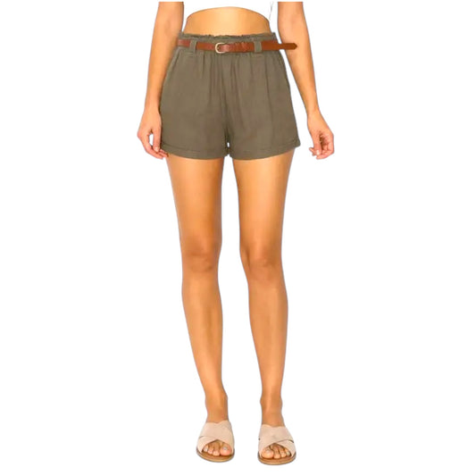 Olive Belted Linen Shorts