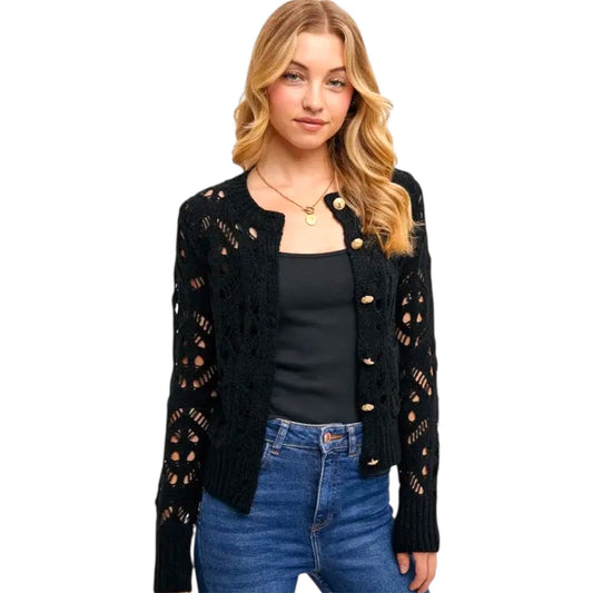 Black Crochet Cardigan with Gold Buttons