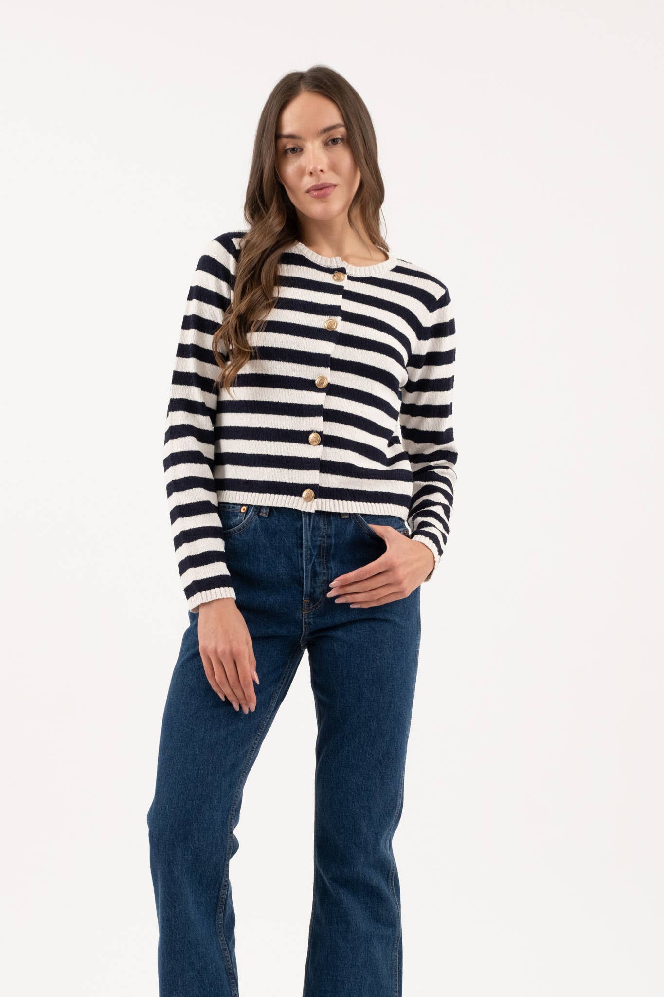 Stripe Round Neck Cardigan in Navy with Gold Buttons