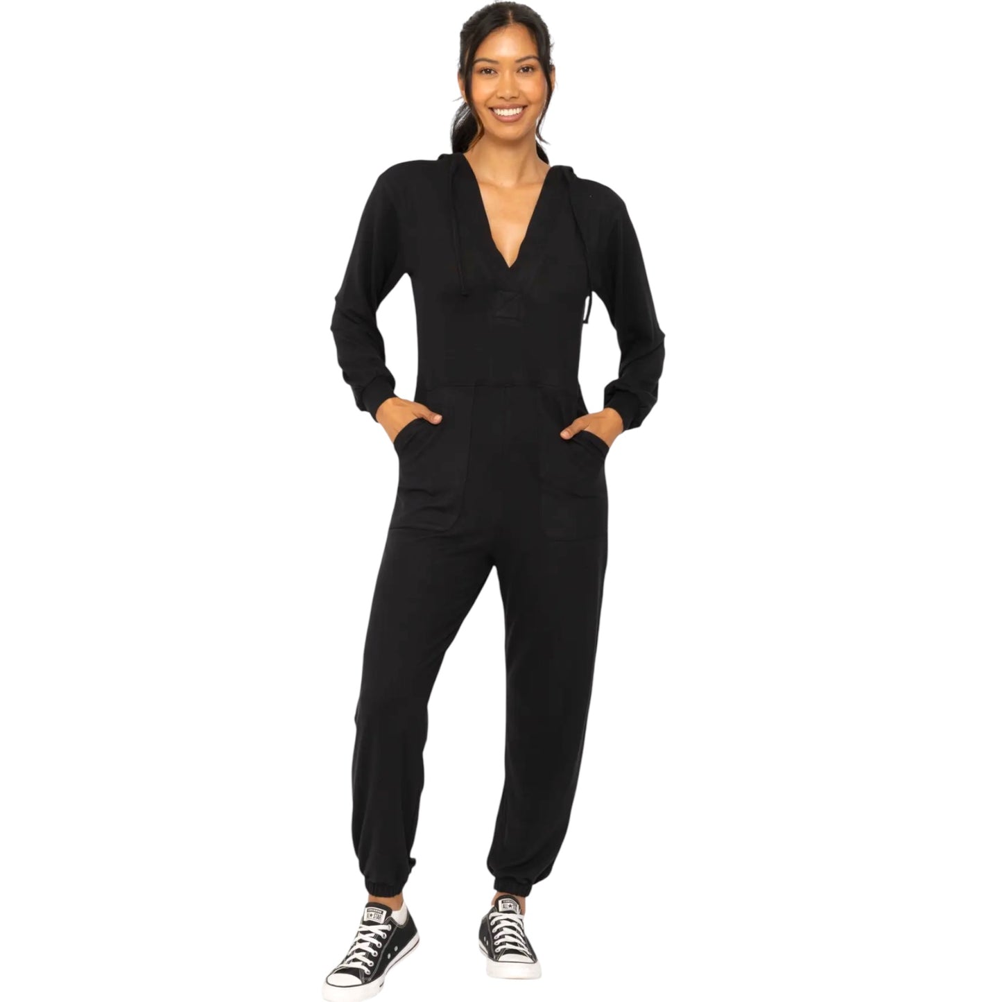 Brushed Hacci Hooded Black Jumpsuit