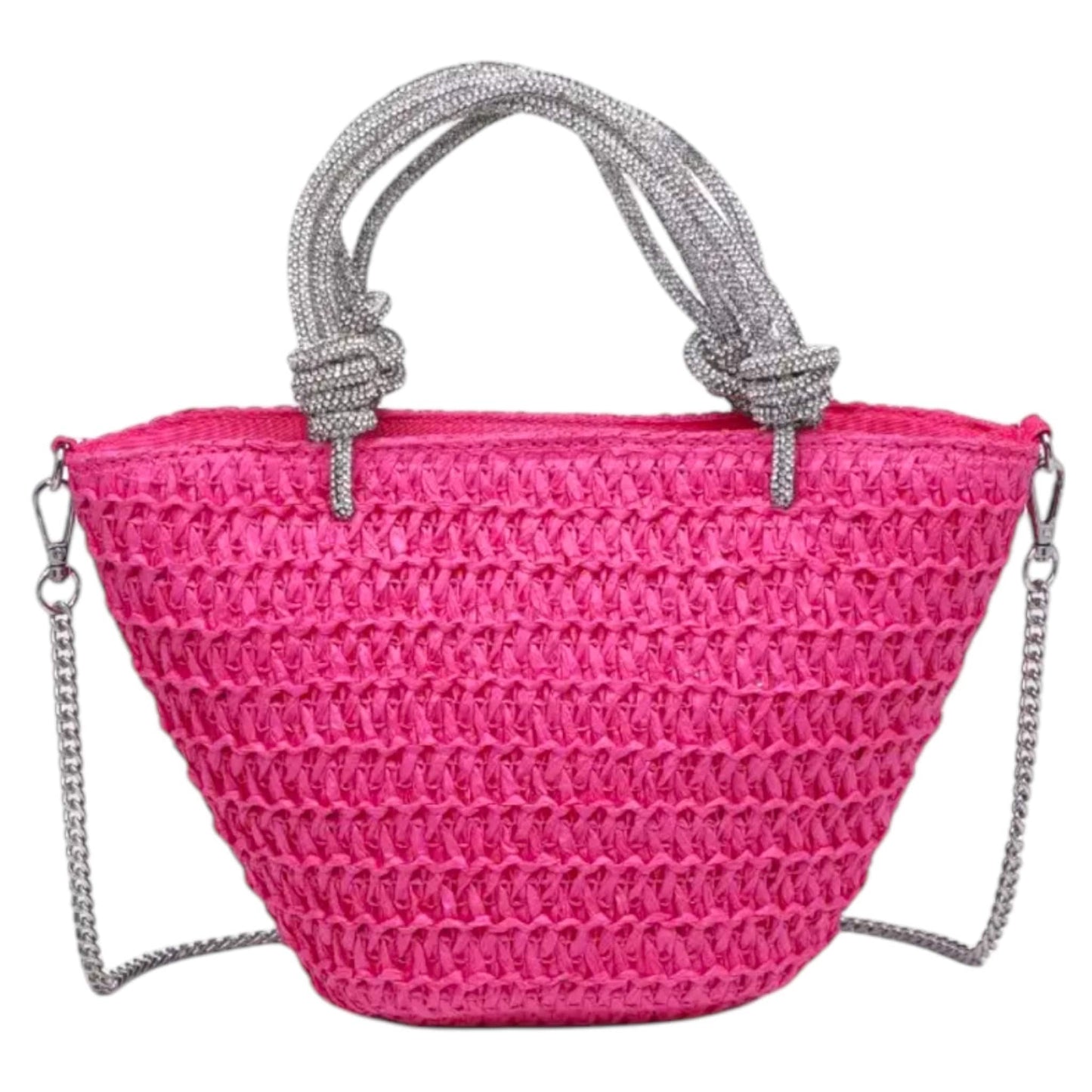 Pink Straw Mini Tote with Crystal Handles