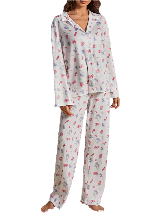 Flower And Fruit Printed Wide Leg Pants Pajama Set