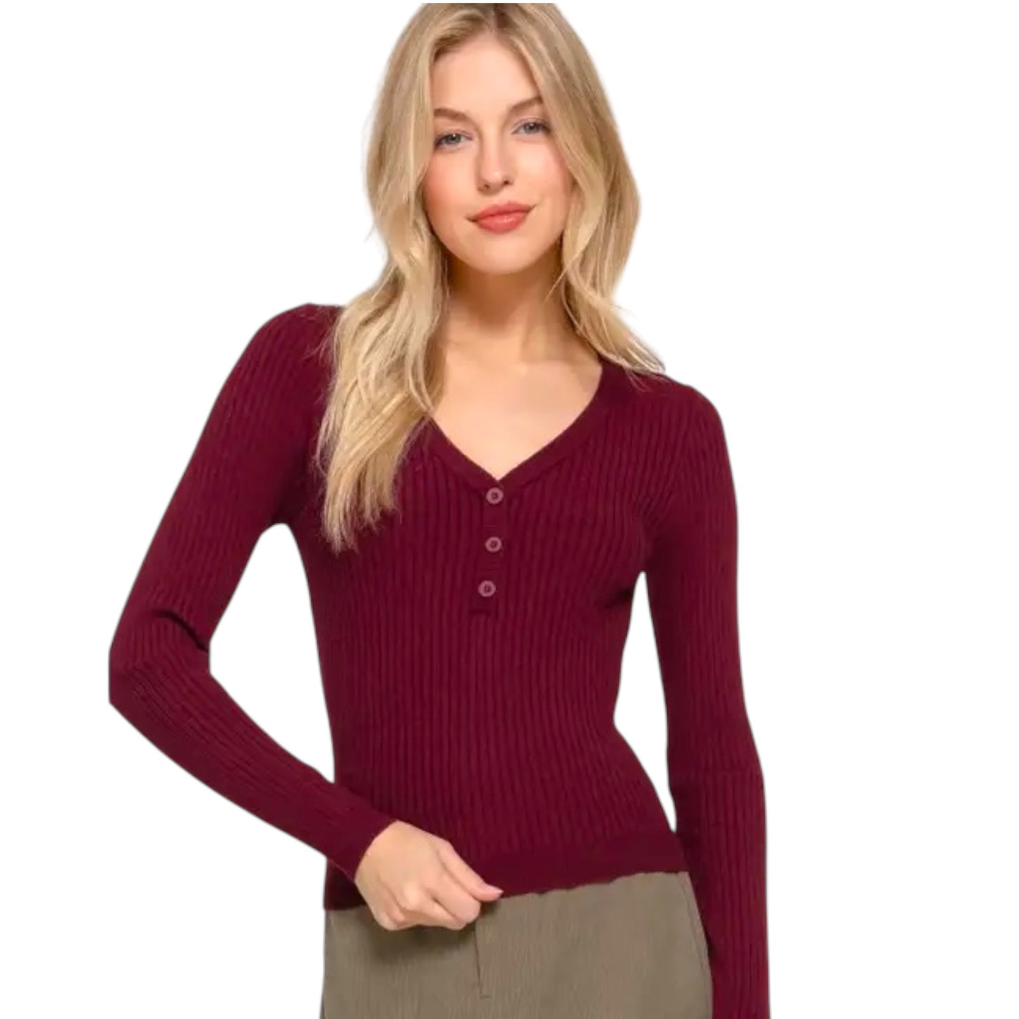 Burgundy Long Sleeve Button Down Henley V-Neck Sweater Top