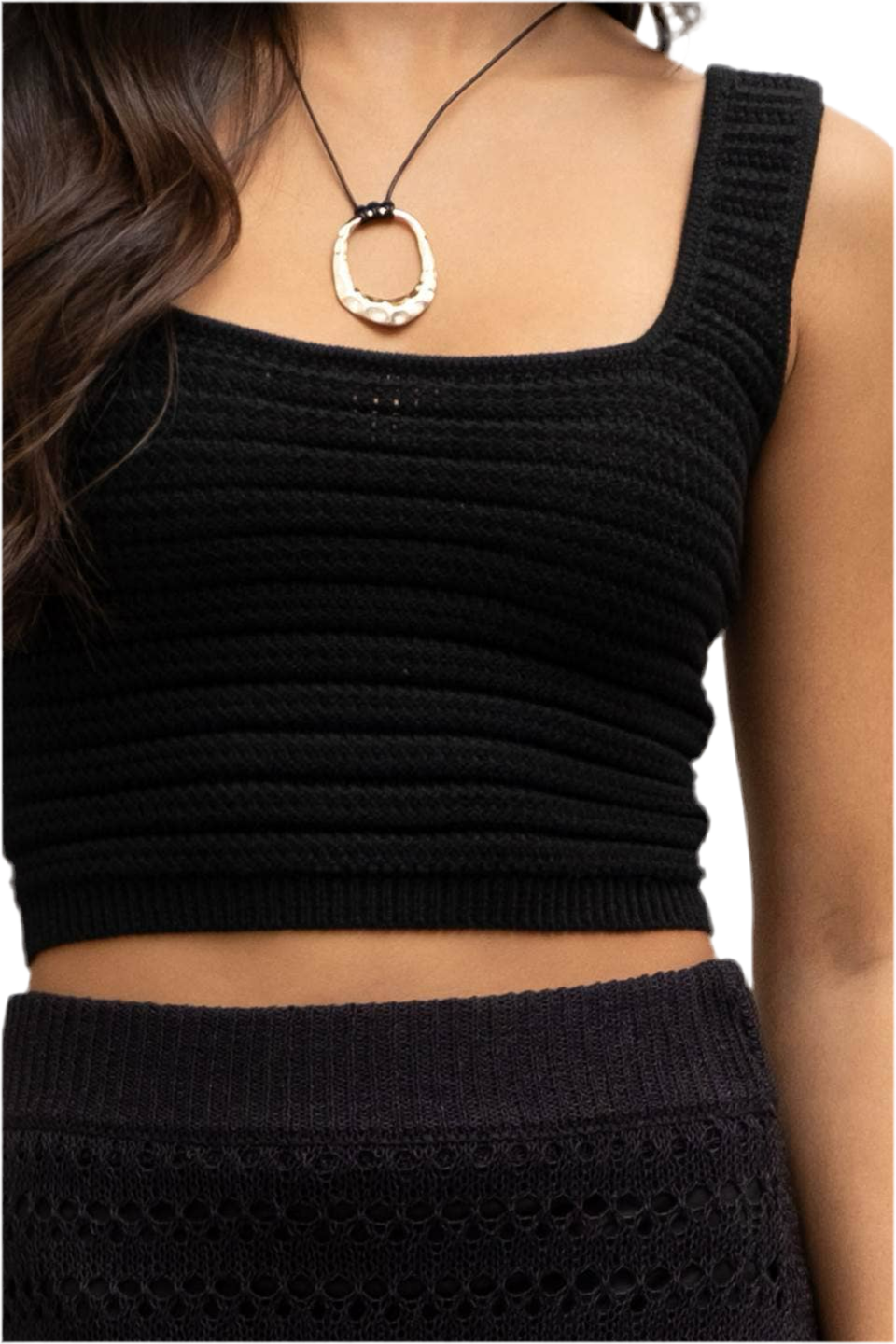 Black Crochet Square Neck Sleeveless Top