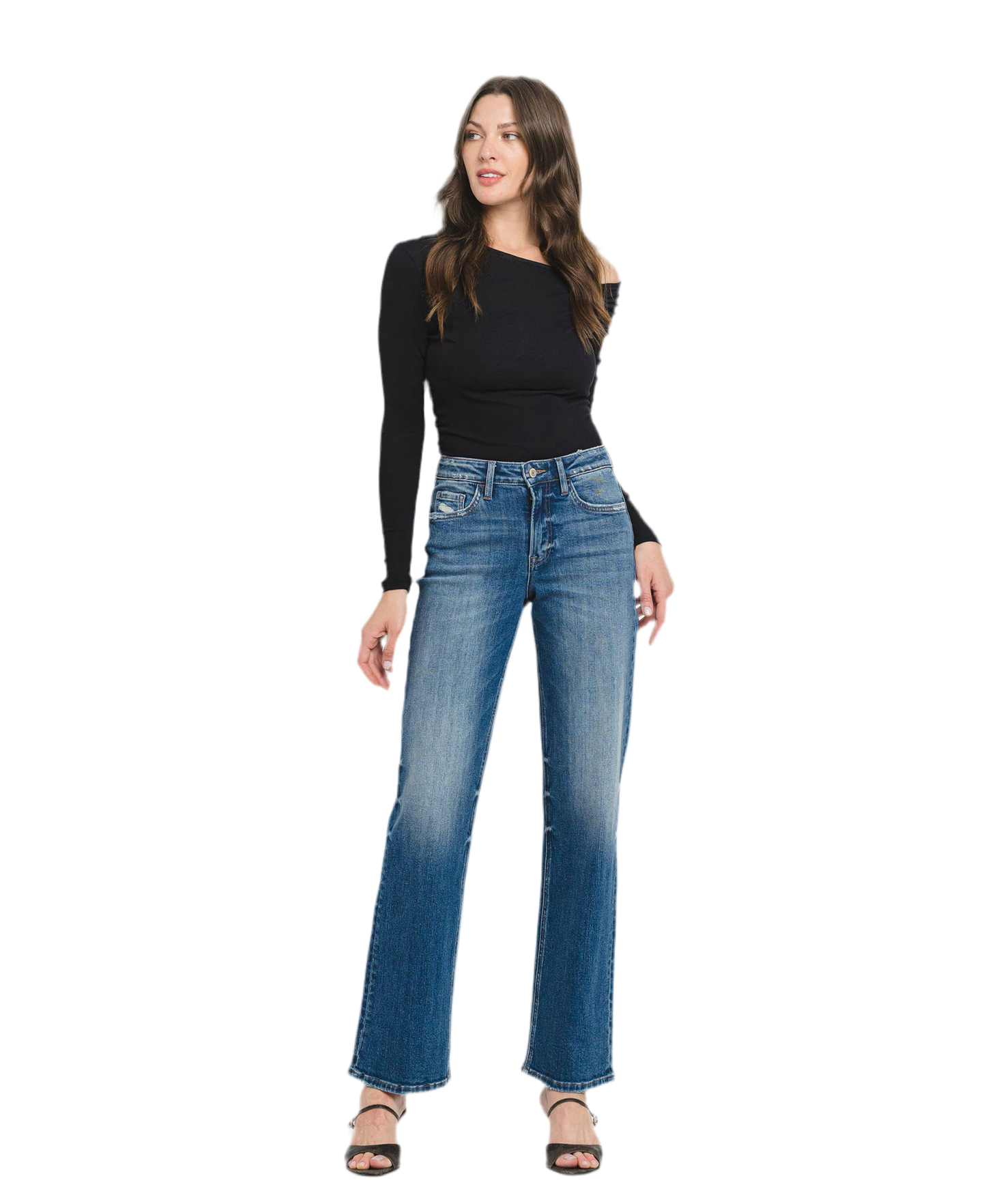 High Rise Full Length Slim Wide Leg Jeans