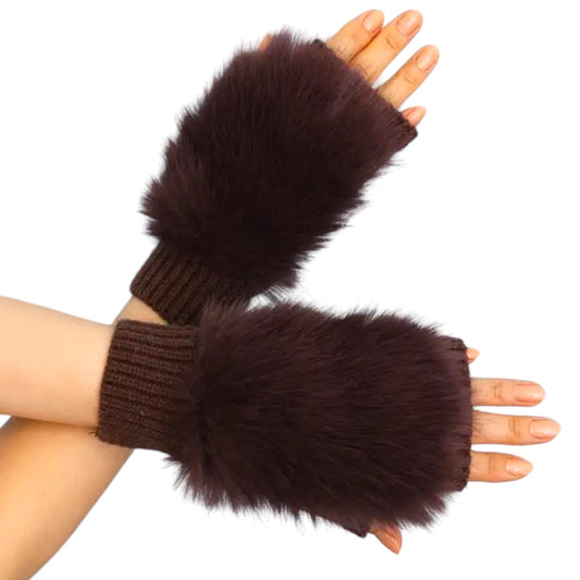 Faux Fur Trim Fingerless Gloves in Brown and Grey