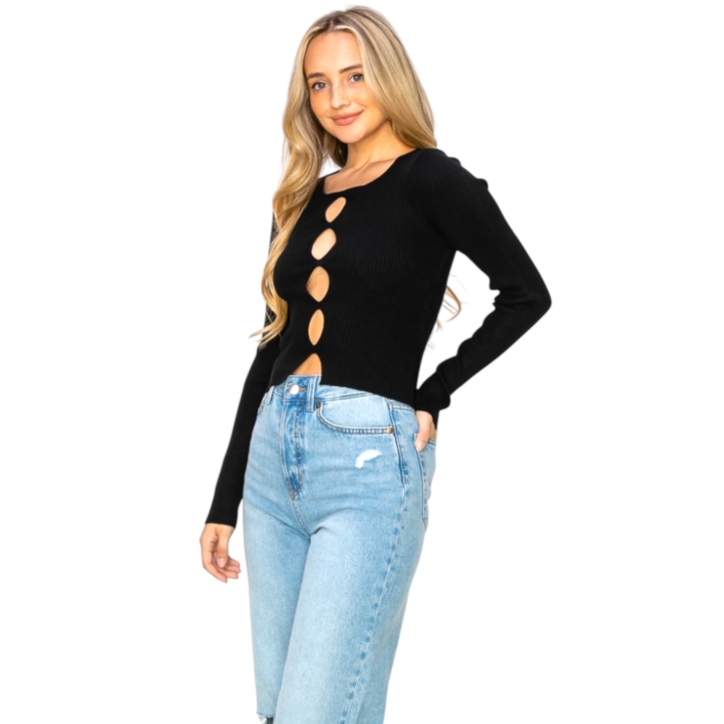 Ribbed Long Sleeve Cutout Top