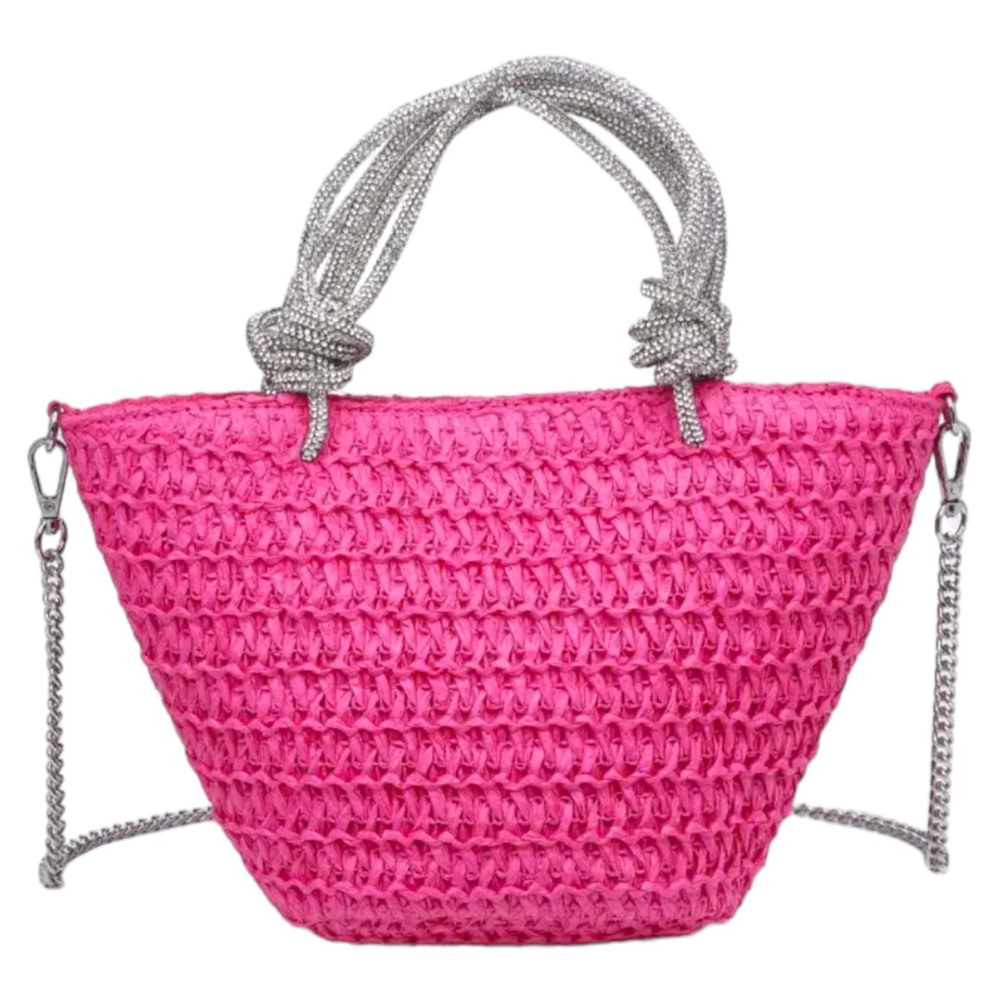 Pink Straw Mini Tote with Crystal Handles