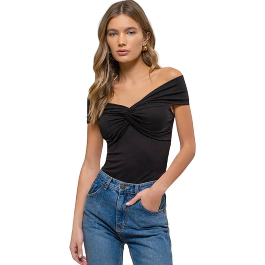 Black off the Shoulder Top with Twist Front