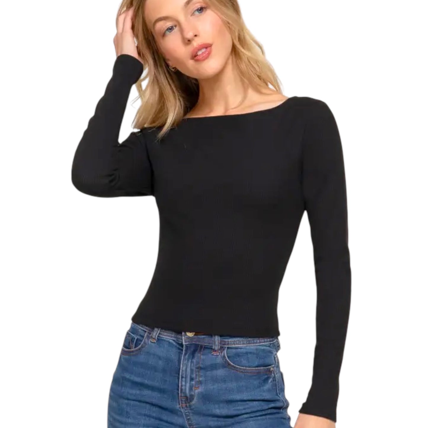 Boat Neck Black Long Sleeve Top