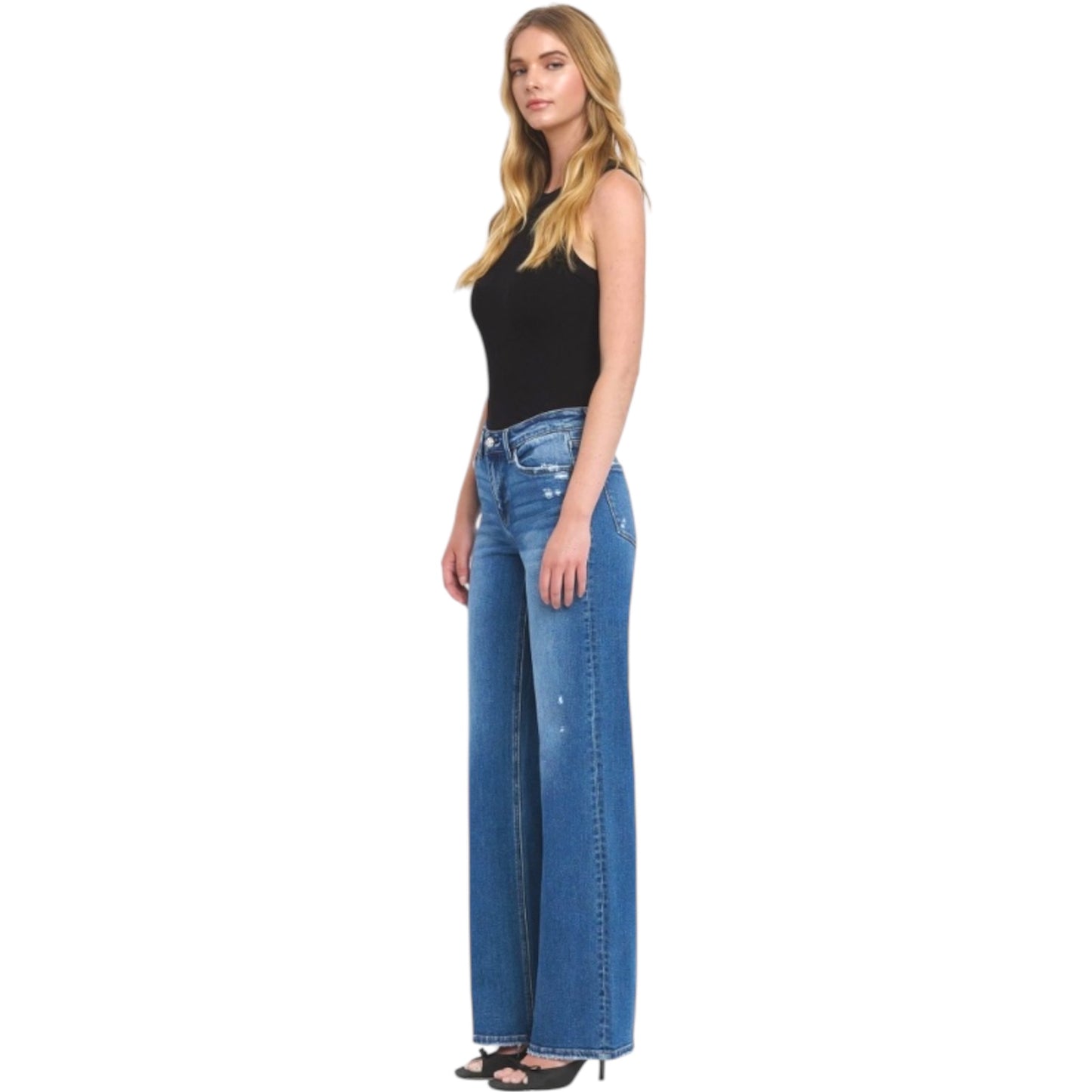 Mid Rise Full Length Wide Leg Jeans