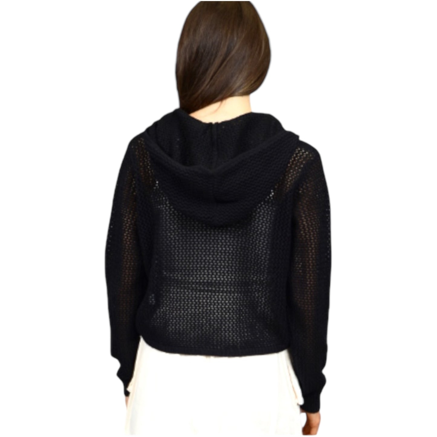 Black Crochet Long Sleeve Hooded Zip Up Cardigan