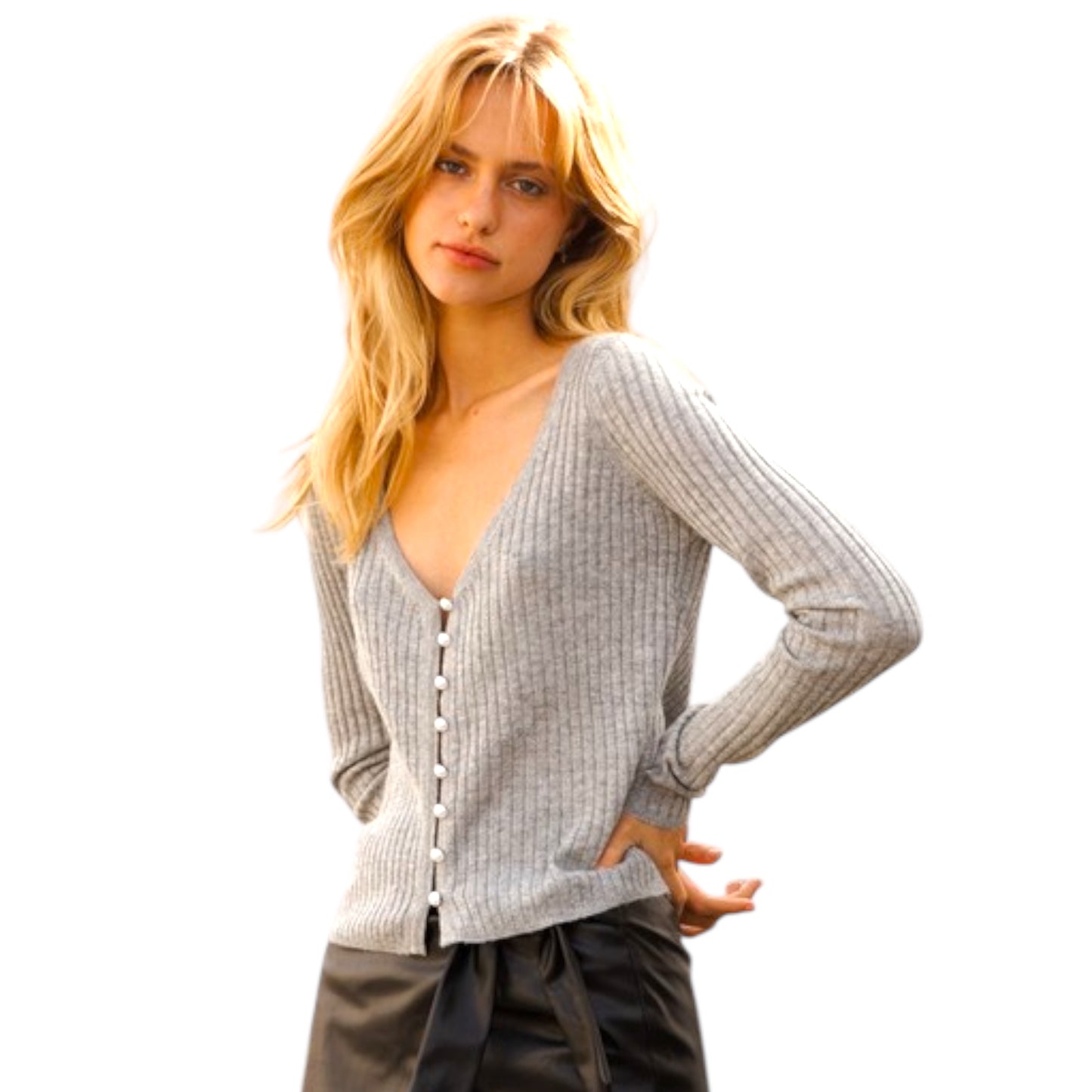 Heather Grey Pearl Button up Thin Cardigan