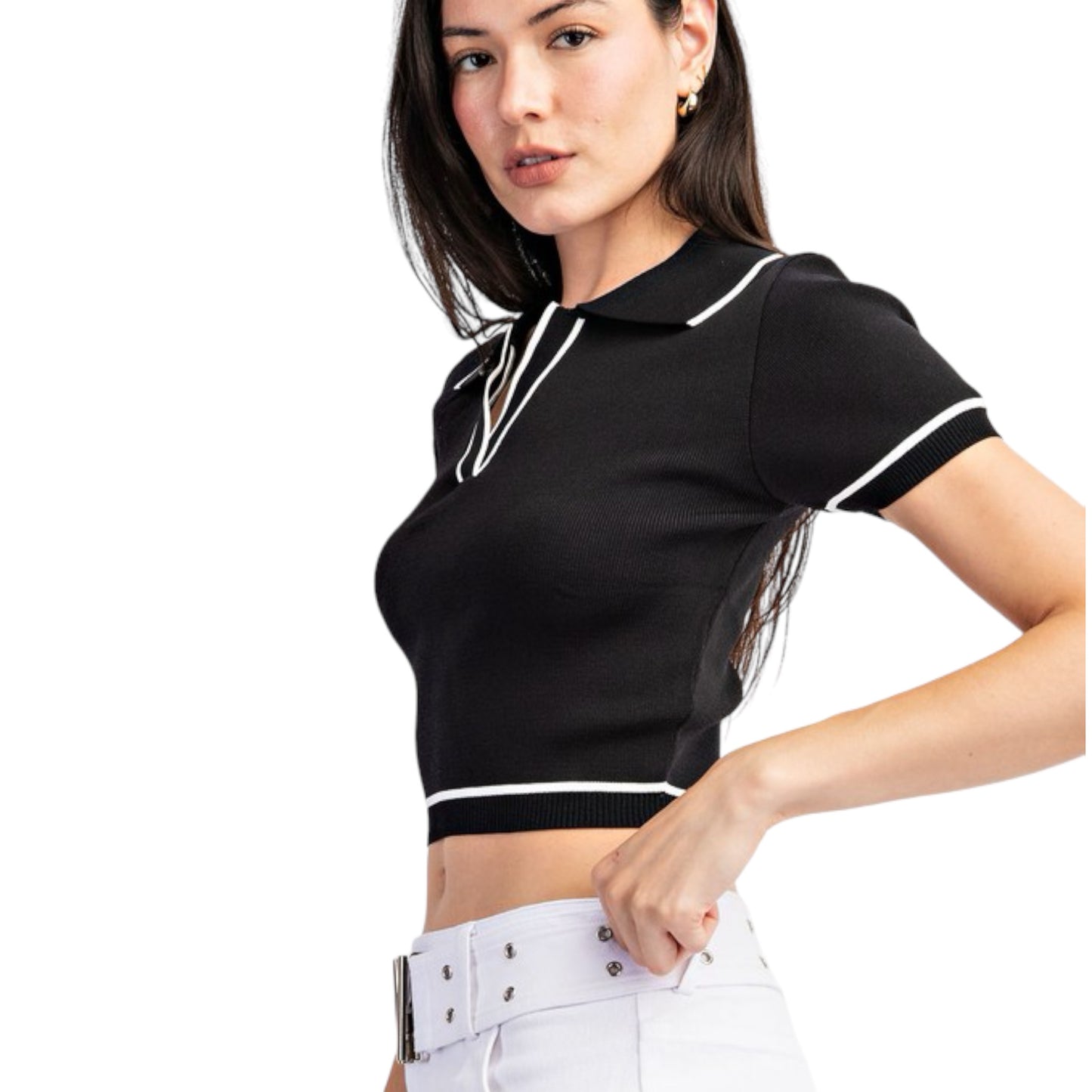 Short Sleeve Polo Style Black Top with White Detail