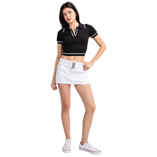Short Sleeve Polo Style Black Top with White Detail