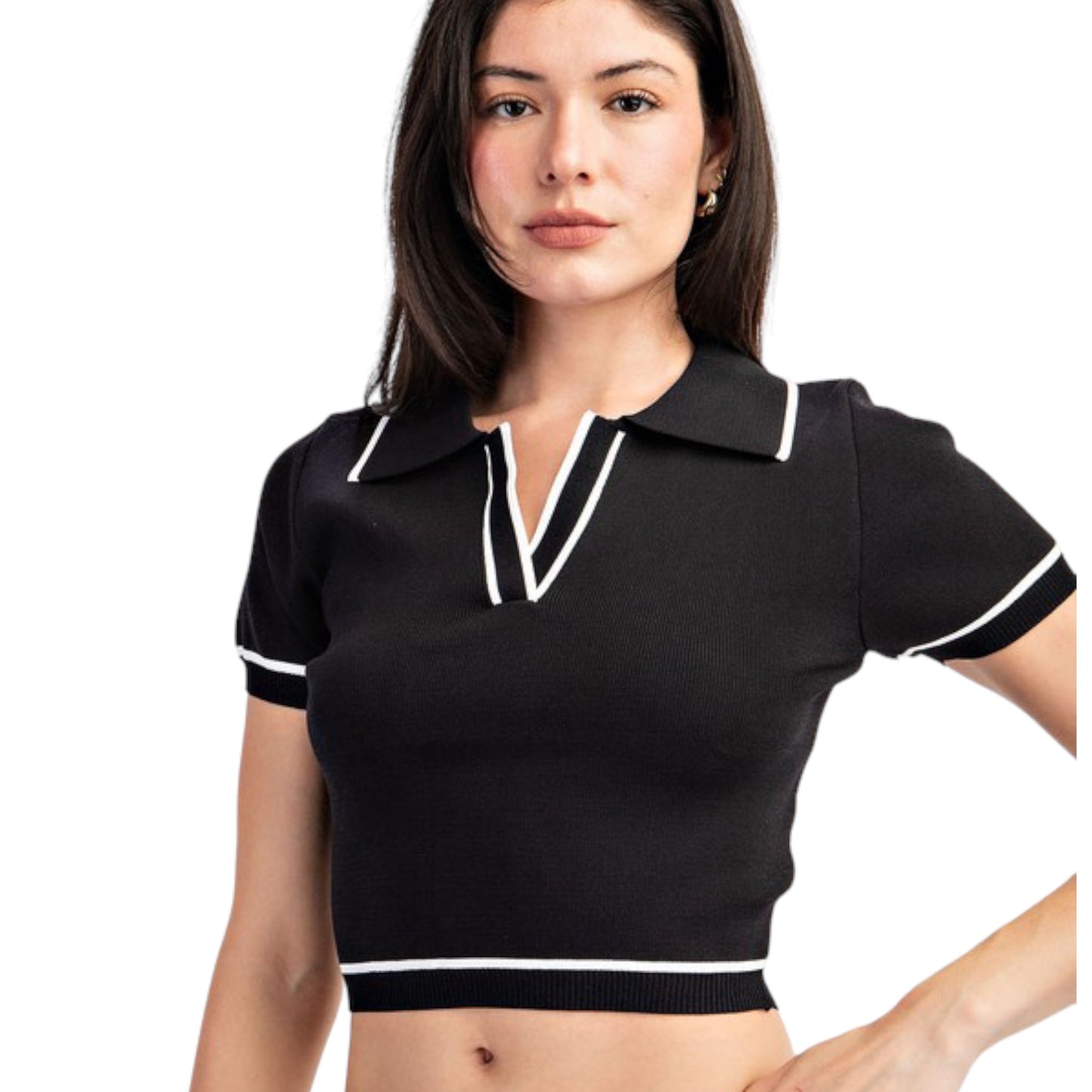 Short Sleeve Polo Style Black Top with White Detail