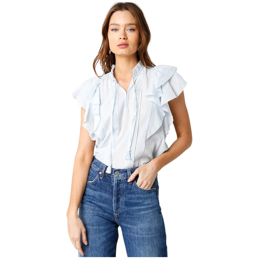 Baby Blue Blouse with Ruffle Shoulder Detail