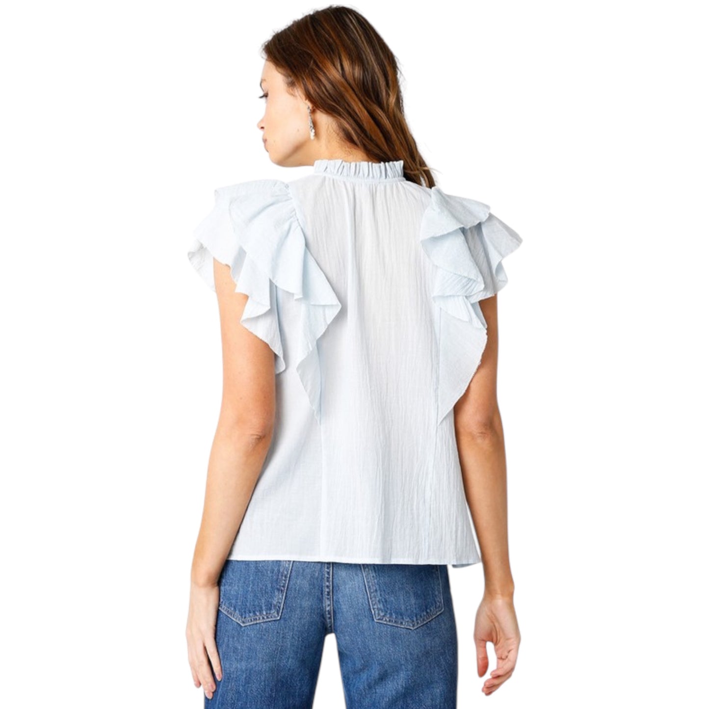 Baby Blue Blouse with Ruffle Shoulder Detail