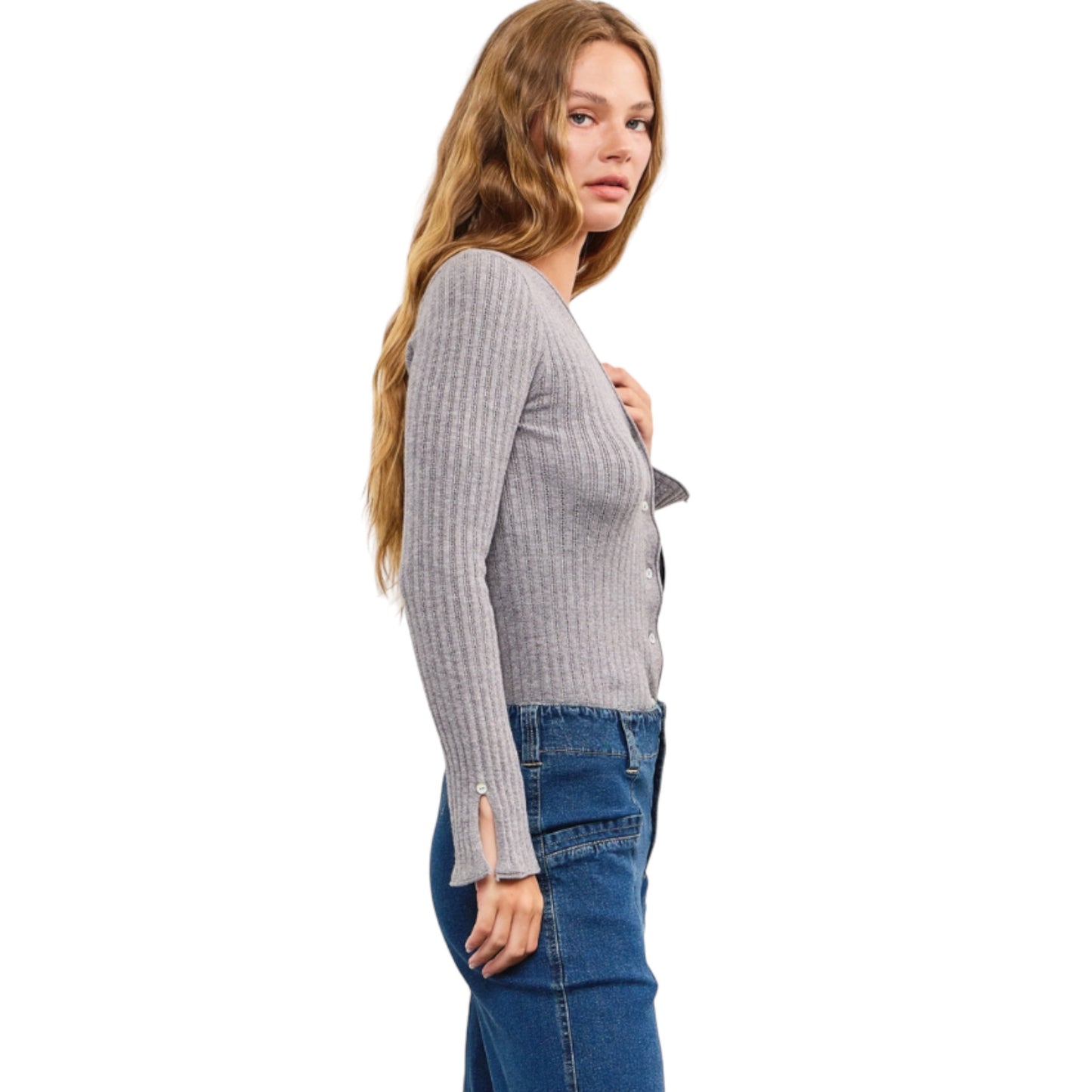 Long Sleeve Slit Detailed Fitted Cardigan Top in Heather Grey